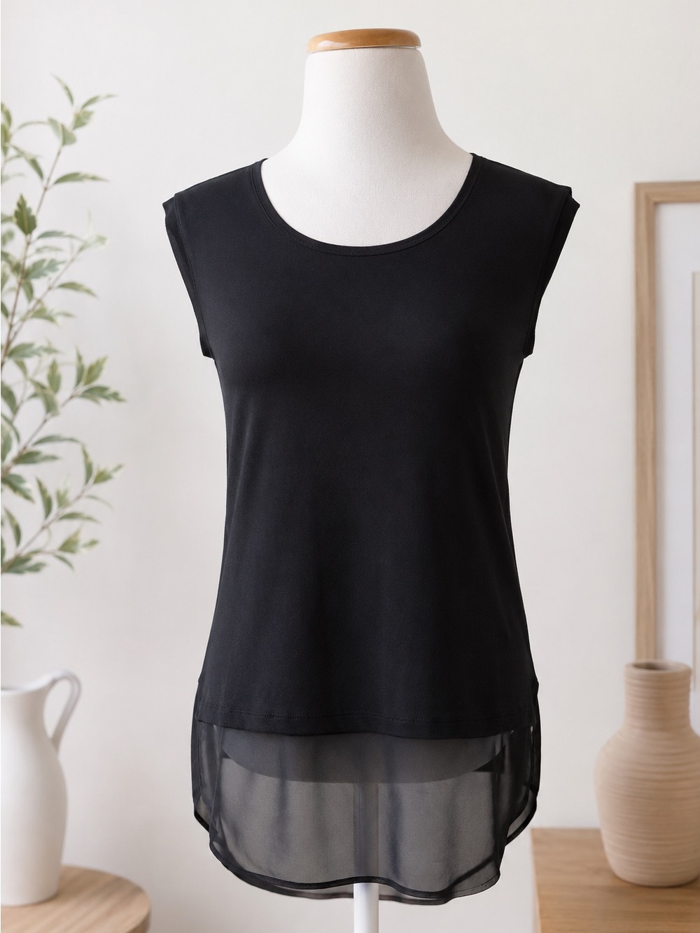 Bailey 44 Black Sheer Hem Sleeveless Tunic Top Size Small